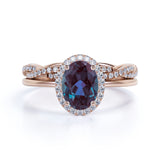 Infinity Under Halo 1.75 Carat Oval Cut Lab Alexandrite and Diamond Eternity Bridal Set Rings