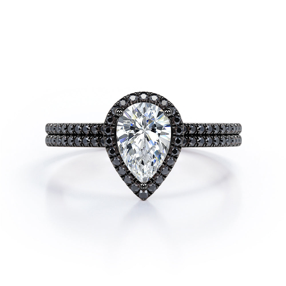 Scalloped Pave - 1.75 TCW Pear Shaped Moissanite with Lab Created Black Diamond - Halo Design Bridal Set in Rose Gold
