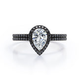 Scalloped Pave - 1.75 TCW Pear Shaped Moissanite with Lab Created Black Diamond - Halo Design Bridal Set in Rose Gold