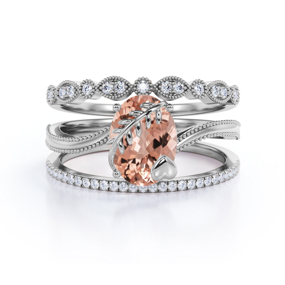 1.50 Carat Oval Cut Peach Morganite and Diamond Trio Bridal Ring Set in 10k Rose Gold Elegant Ring