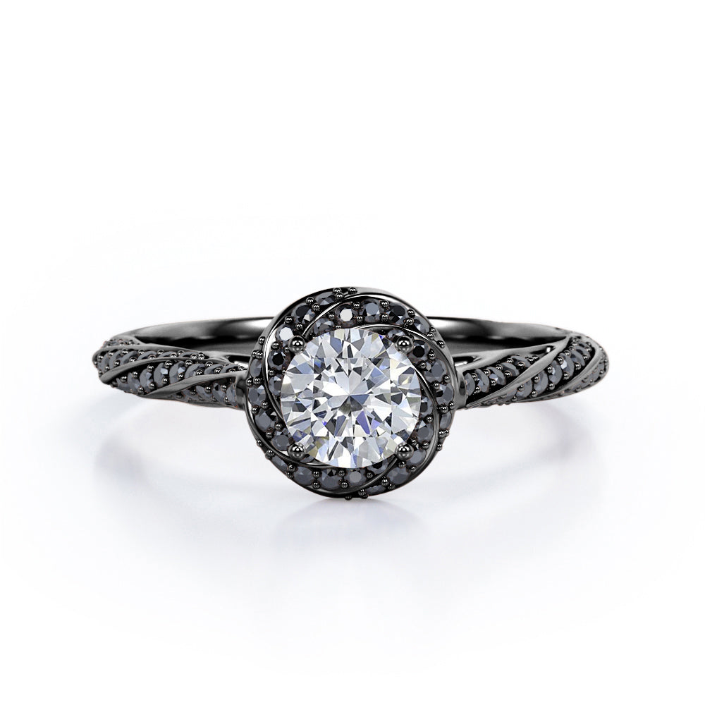 Twirl Halo - 1.35 TCW Round Shaped Moissanite with Lab Created Black Diamond - Twisted Pave Engagement Ring - 10K White Gold