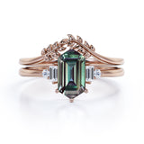 Floral Pattern 1.15 Carat Hexagon Shaped Lab Created Alexandrite And Diamond Nature Inspired Five Stone Wedding Ring Set In White Gold