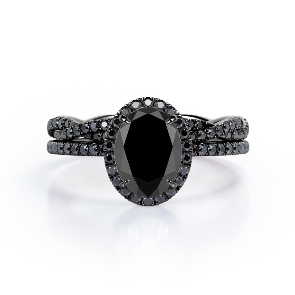 Four-Prong Halo 1.75 TCW Oval-Shaped Lab Created Black Diamond Pave Twisted Eternity Bridal Set in White Gold