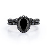 Four-Prong Halo 1.75 TCW Oval-Shaped Lab Created Black Diamond Pave Twisted Eternity Bridal Set in White Gold