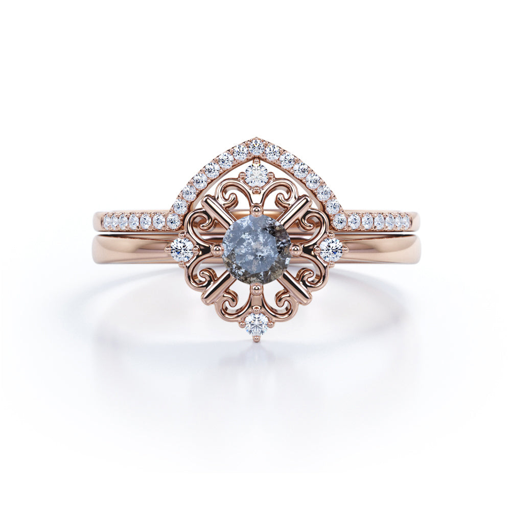 Modern Leaf Outline 5 Stone 0.85 Carat Round Cut Fancy Dark Grey Salt and Pepper Diamond and Contour Pave Band Bridal Set Rings