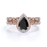 Beautiful 1.75 Carat Pear cut Lab Black Diamond Halo Wedding Ring Set in Rose Gold