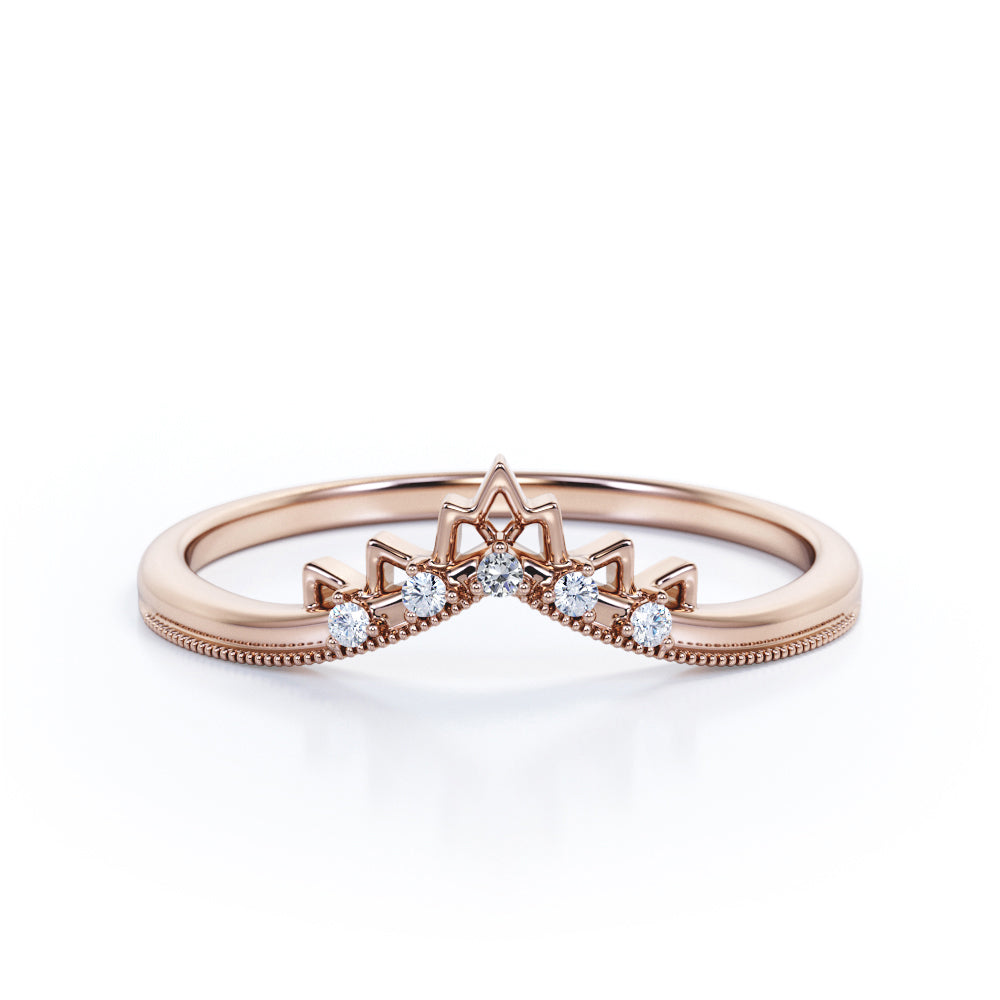 0.05 TCW Round Cut Diamond - Milgrain Edged Crown Design Wedding Band - Black Gold