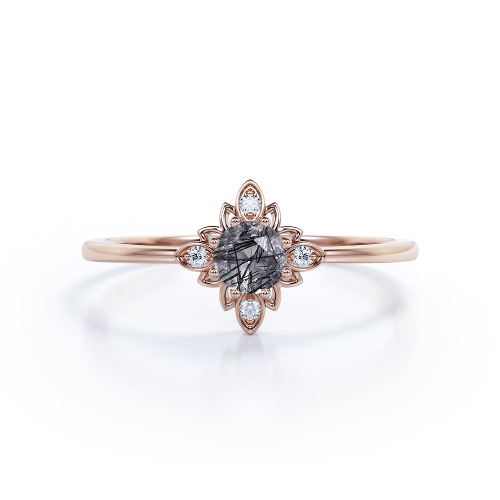 Dainty Solitaire 0.60 Carat Round Cut Druzy Black Rutilated Quartz and Diamond Flower Bezel Promise Ring - Engagement Ring