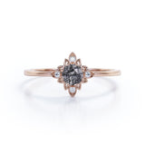 Dainty Solitaire 0.60 Carat Round Cut Druzy Black Rutilated Quartz and Diamond Flower Bezel Promise Ring - Engagement Ring