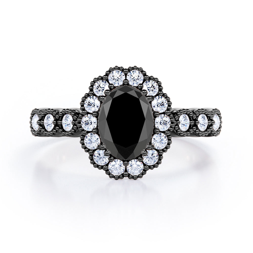 Vintage Floral Halo 0.7 carat Oval and Round Black Diamond Engagement Ring in Rose Gold