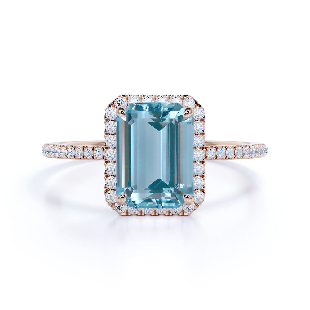 1.50 ct Emerald Cut Aquamarine Halo Wedding Ring