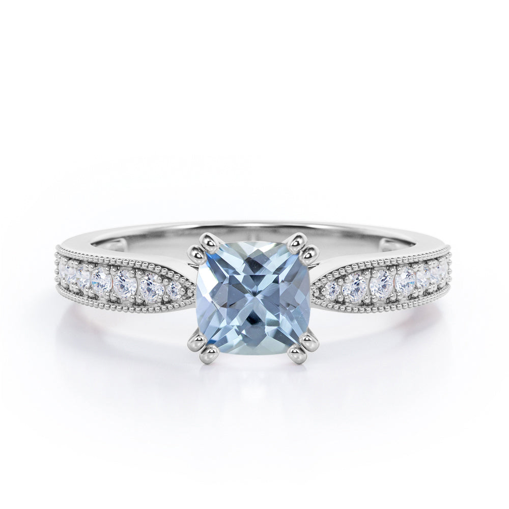 Beaded Eight Prongs 1.25 Carat Cushion Cut Aquamarine And Diamond Antique Milgrain Engagement Ring In Rose Gold
