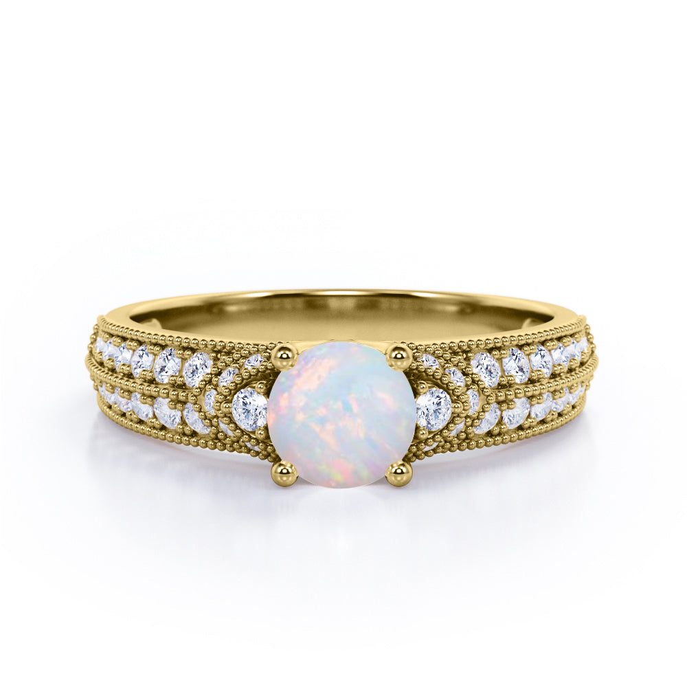 Classic Four Prong 1.50 Carat Round Cut Ethiopian Opal And Diamond Vintage Milgrain Engagement Ring In White Gold