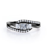 Triple Stone - 0.5 TCW Princess Cut Diamond - Tension Pave Split Shank Engagement Ring - 10K White Gold