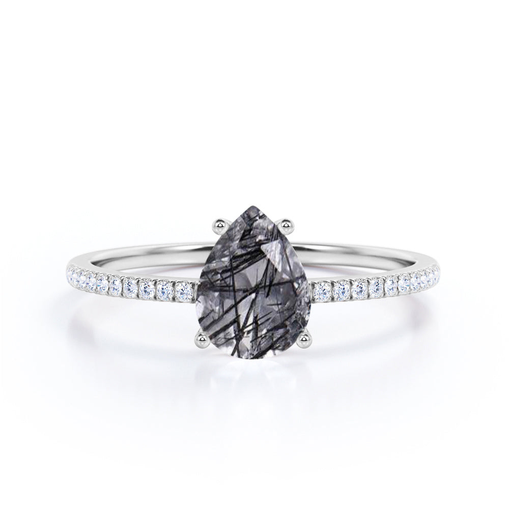 Classic 1.30 Carat Pear Cut Druzy Black Rutilated Quartz And Diamond Four Prong Pave Set Engagement Ring In Rose Gold