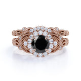 Artdeco 1.35 Carat Round cut Lab Black Diamond Wedding Bridal Ring Set in White Gold