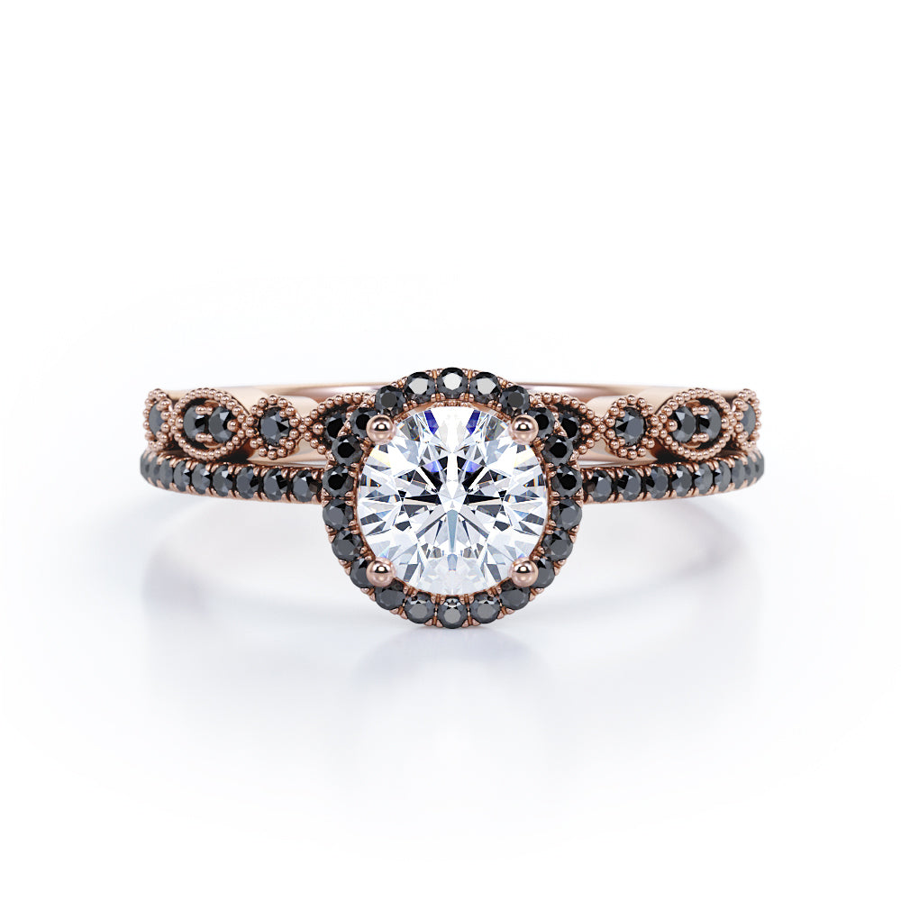 Art Deco Pave Setting - 1.65 TCW Round Cut Moissanite with Lab Created Black Diamond - Halo Design Bridal Set in Yellow Gold