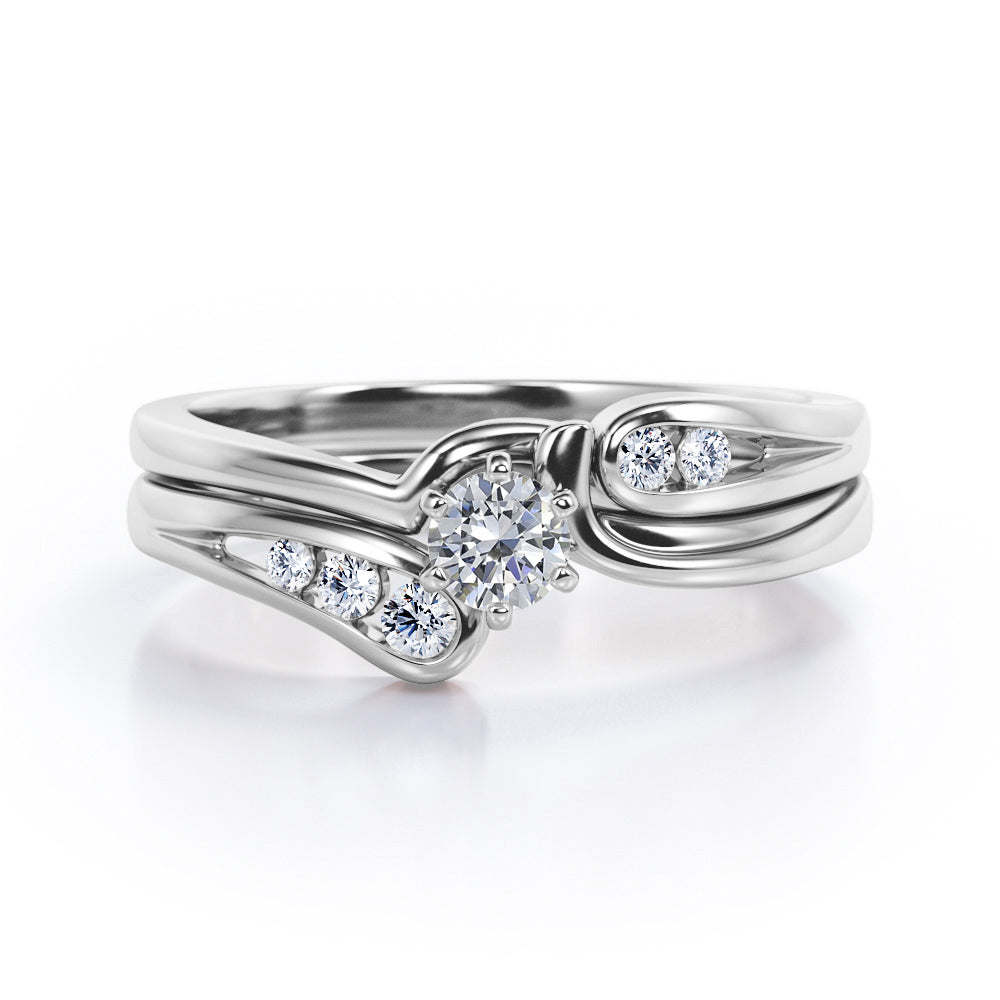 Mini Channel Design 0.5 TCW Round Cut Moissanite and Diamond Six-Prong Bridal Ring Set in Black Gold