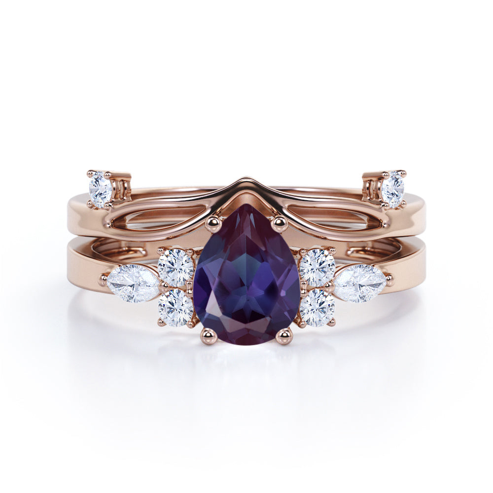 Seven Stone 1.50 Carat Pear Cut Lab Created Alexandrite  And Diamond  Basket set Bridal Set In White Gold