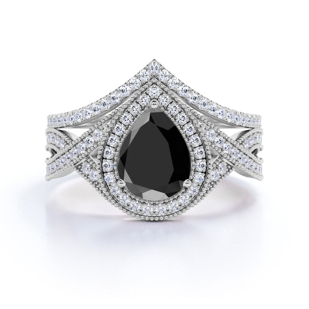 1.75 Carat Pear cut Lab Black Diamond Bridal Set with semi eternity wedding band in Rose Gold