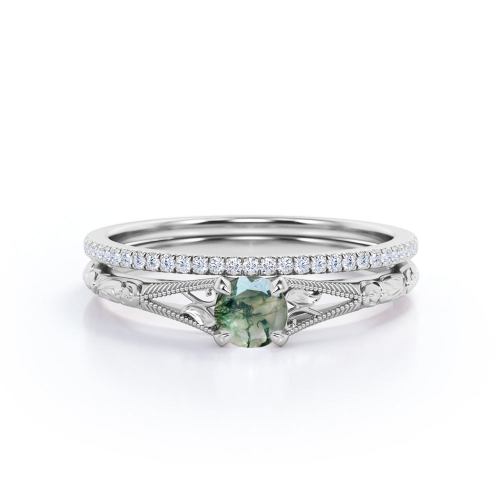 Dainty Solitaire 1.25 Carat Round Cut Genuine Dendritic Moss Agate with Diamond Pave Band Art Deco Wedding Ring Sets