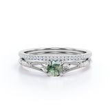 Dainty Solitaire 1.25 Carat Round Cut Genuine Dendritic Moss Agate with Diamond Pave Band Art Deco Wedding Ring Sets