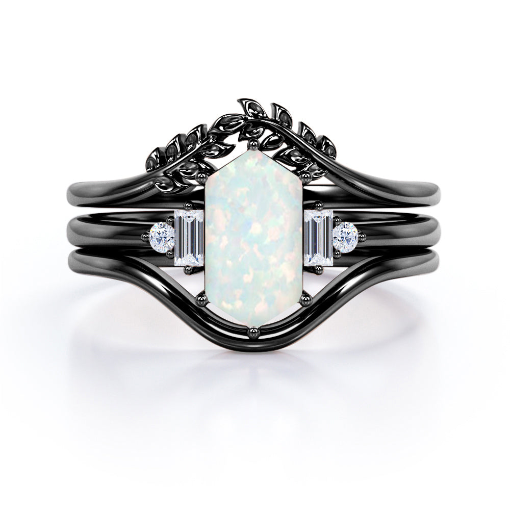 Nature 1.15 Ct Hexagon Cut Lab Created Opal Wedding Ring Set