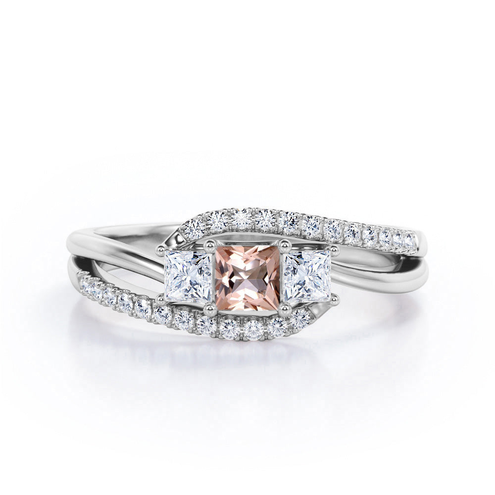 Shared Prongs 1 carat Princess Morganite and Moissanite Split Shank Band Engagement Ring in Rose Gold