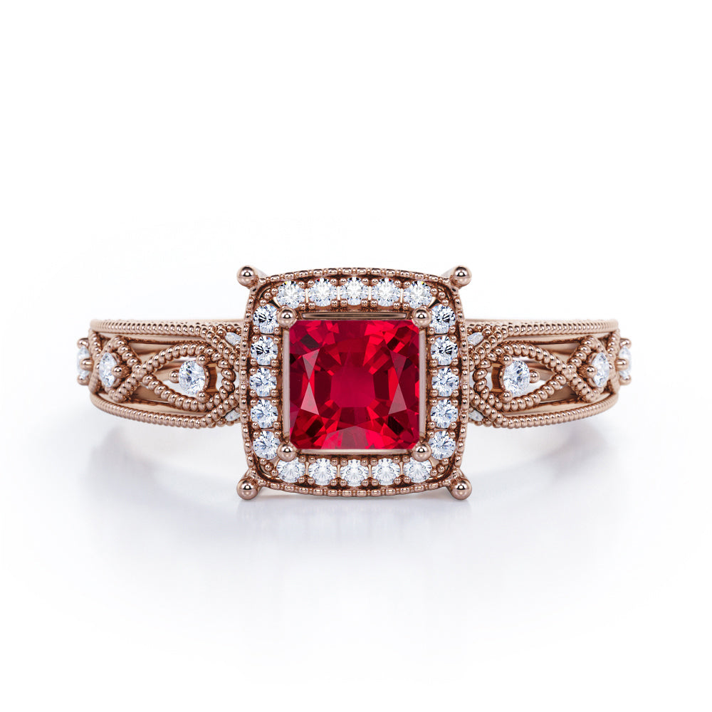 Designer Beaded 1.35 Carat Princess Cut  Lab Ruby And Diamond Halo Engagement Ring In White Gold