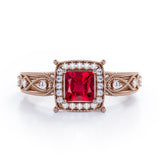 Designer Beaded 1.35 Carat Princess Cut  Lab Ruby And Diamond Halo Engagement Ring In White Gold