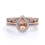 Art Deco 1.75 Carat Pear Shape Peach Morganite and Diamond Trio Wedding Ring Set in Rose Gold