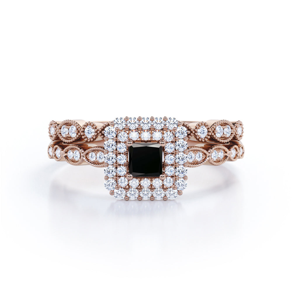 1.65 Carat Princess Cut Lab Grown Black Diamond Vintage Art Deco Bridal Set In White Gold