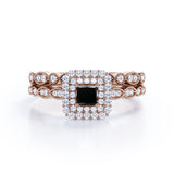 1.65 Carat Princess Cut Lab Grown Black Diamond Vintage Art Deco Bridal Set In White Gold