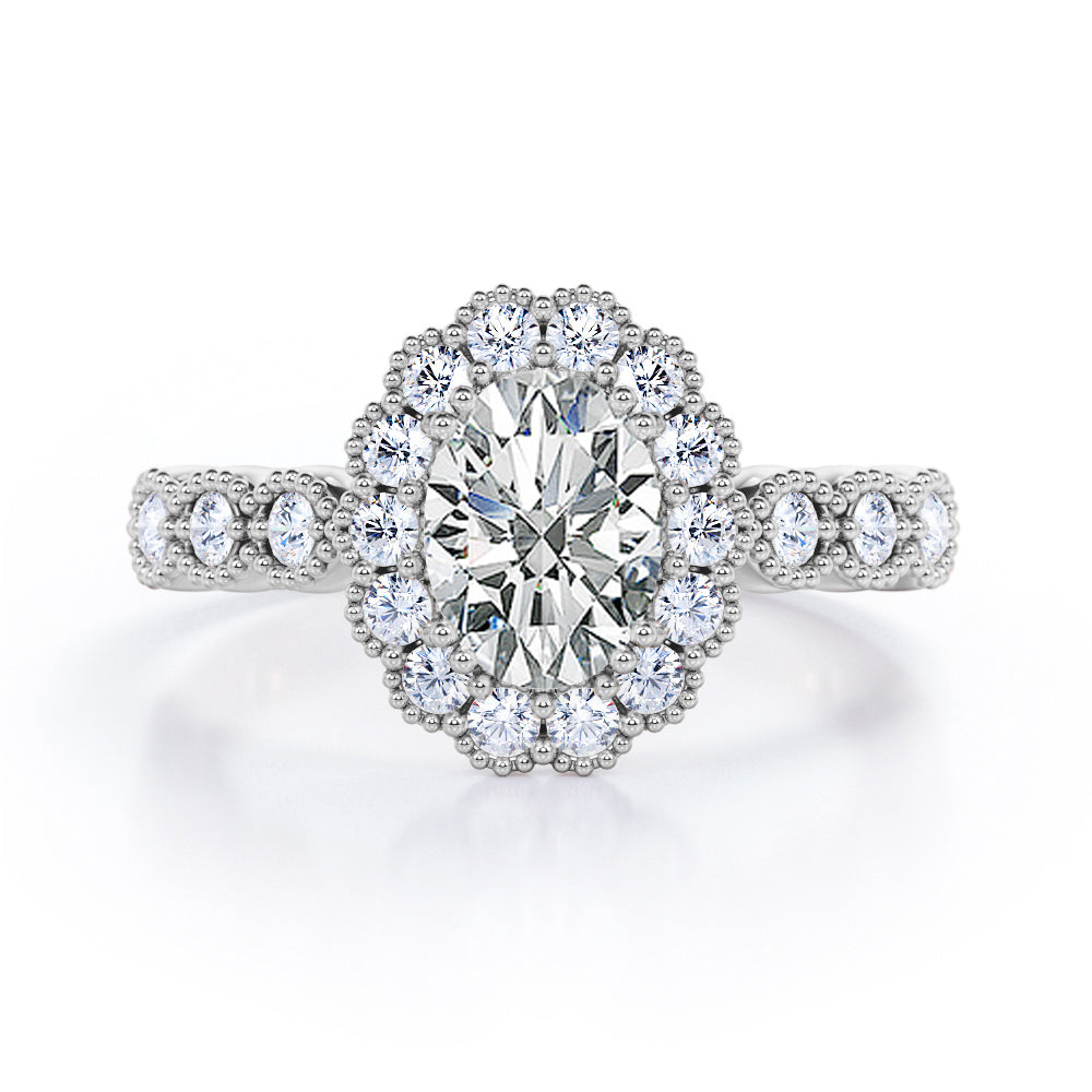 Vintage Floral Halo 0.7 carat Oval and Round Moissanite Engagement Ring in Rose Gold