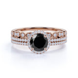 Affordable Antique Artdeco 2 Carat Round Lab Black Diamond Halo Wedding Trio Ring Set in White Gold