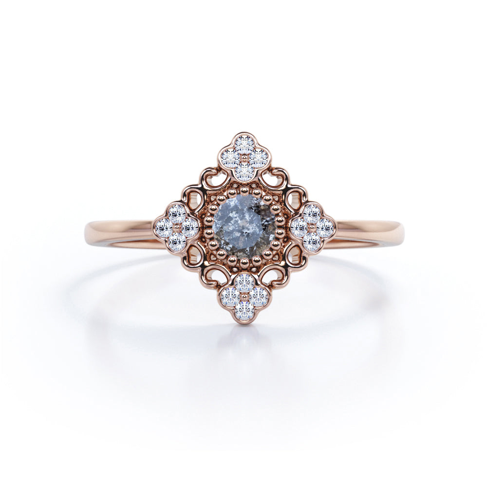 Flower Cluster 0.75 Carat Round Cut Dark Grey Salt and Pepper Diamond Bezel Setting Plain Shank Engagement Ring