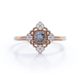 Flower Cluster 0.75 Carat Round Cut Dark Grey Salt and Pepper Diamond Bezel Setting Plain Shank Engagement Ring