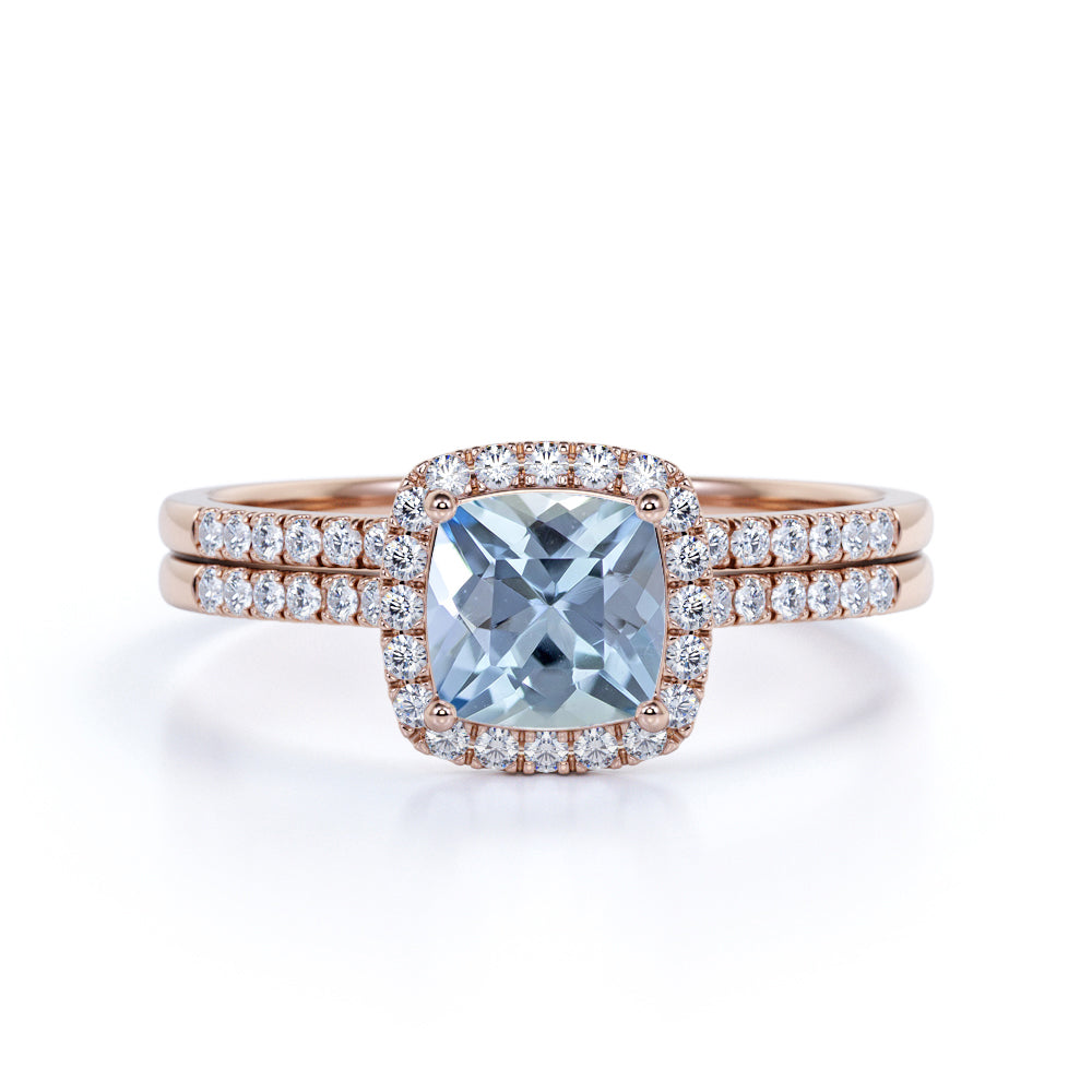 1.55 ct Cushion Aquamarine Halo Bridal Set