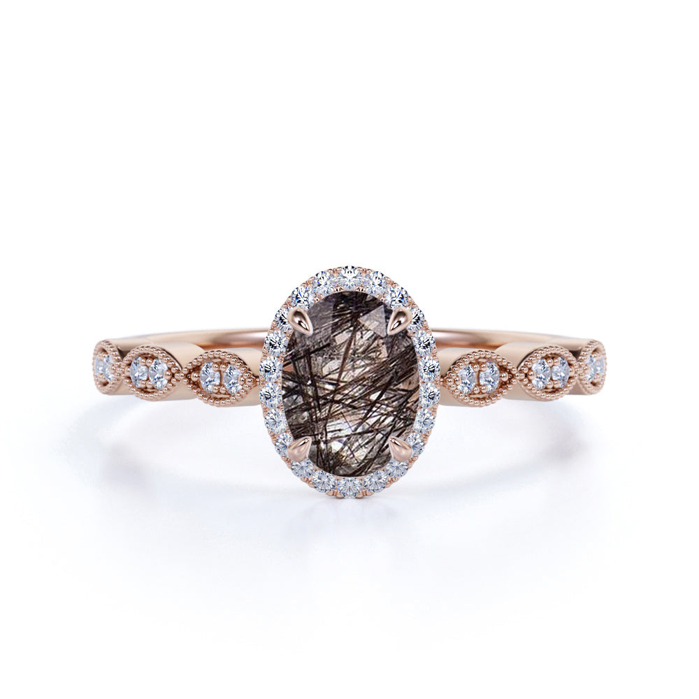 Antique Art Deco 1.50 Carat Oval Cut Transparent Black Brown Rutile Quartz and Diamond Halo Engagement Ring