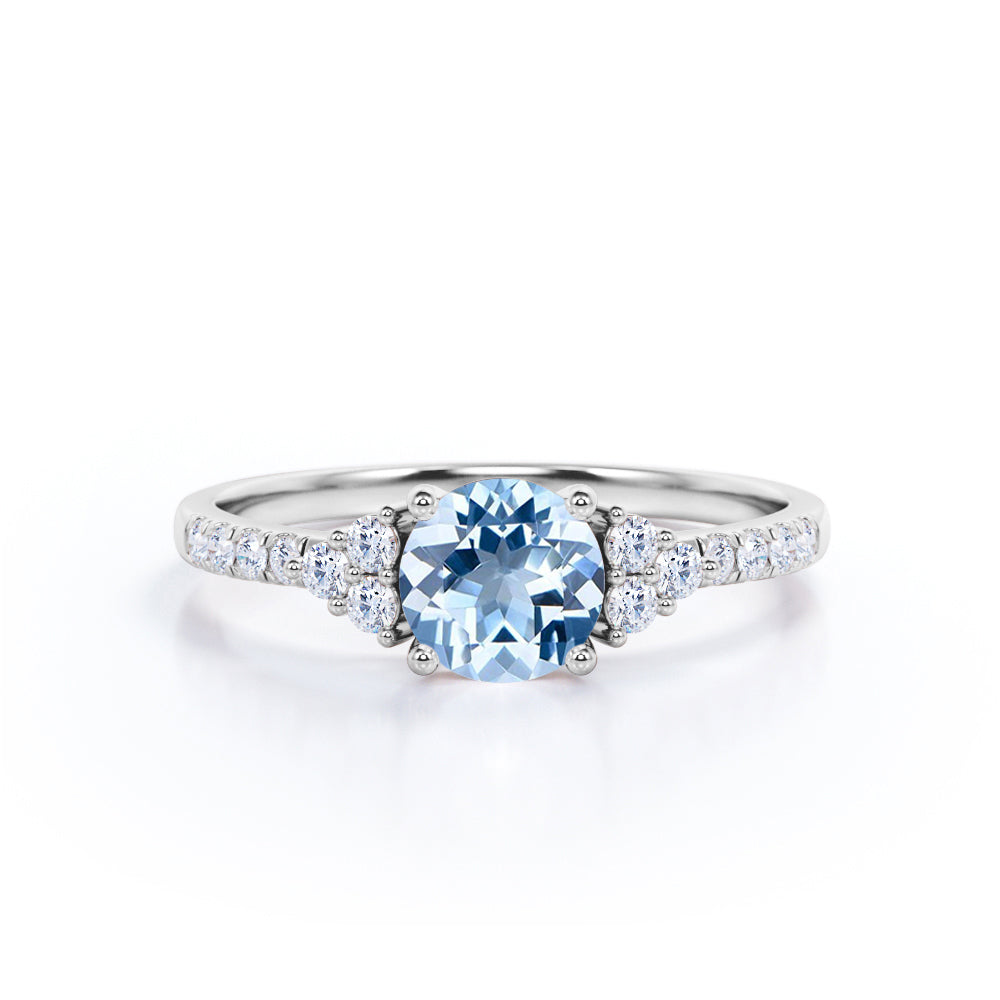 Classic 1.50 Carat Round Cut Aqua Sky Blue Aquamarine and Diamond 7 Stone Cluster Engagement Ring in Rose Gold for Women