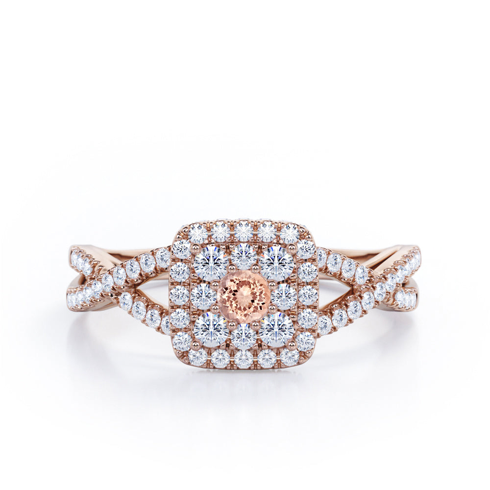 Pave Crossover - 1.25 Carat Round Cut Morganite and diamond - Flush Cluster Halo Engagement Ring in White Gold