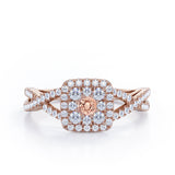 Pave Crossover - 1.25 Carat Round Cut Morganite and diamond - Flush Cluster Halo Engagement Ring in White Gold