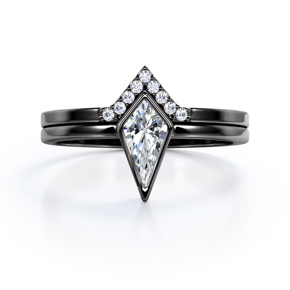 Matching Bezel 1.1 carat Kite Moissanite and Diamond Wedding Set in White Gold