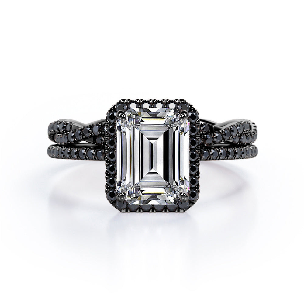 Crossover with Pave Accents - 1.75 TCW Emerald Cut Moissanite with Lab Created Black Diamond - Halo Bridal Ring Set in White Gold
