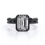 Crossover with Pave Accents - 1.75 TCW Emerald Cut Moissanite with Lab Created Black Diamond - Halo Bridal Ring Set in White Gold