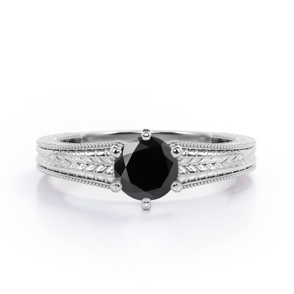 Vintage Bowtie Filigree 1 carat Round Black Diamond Solitaire Engagement Ring in Rose Gold