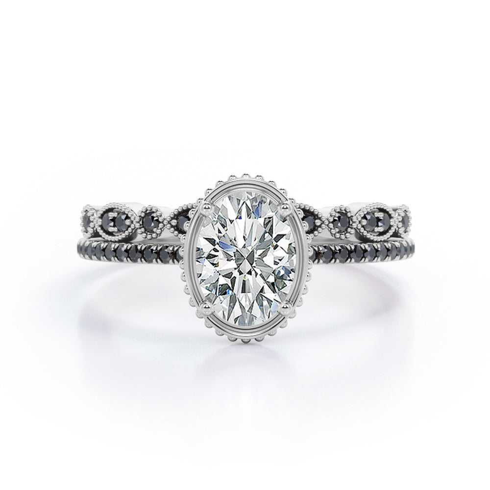 Prong Milgrain Bezel - 1.65 TCW Oval Shaped Moissanite with Lab Created Black Diamond - Pave Filigree Bridal Set in Black Gold