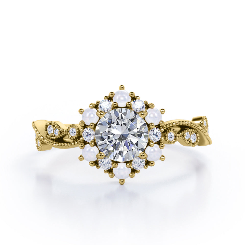 Floral Halo 0.7 carat Round Moissanite and Diamond Engagement Ring in White Gold