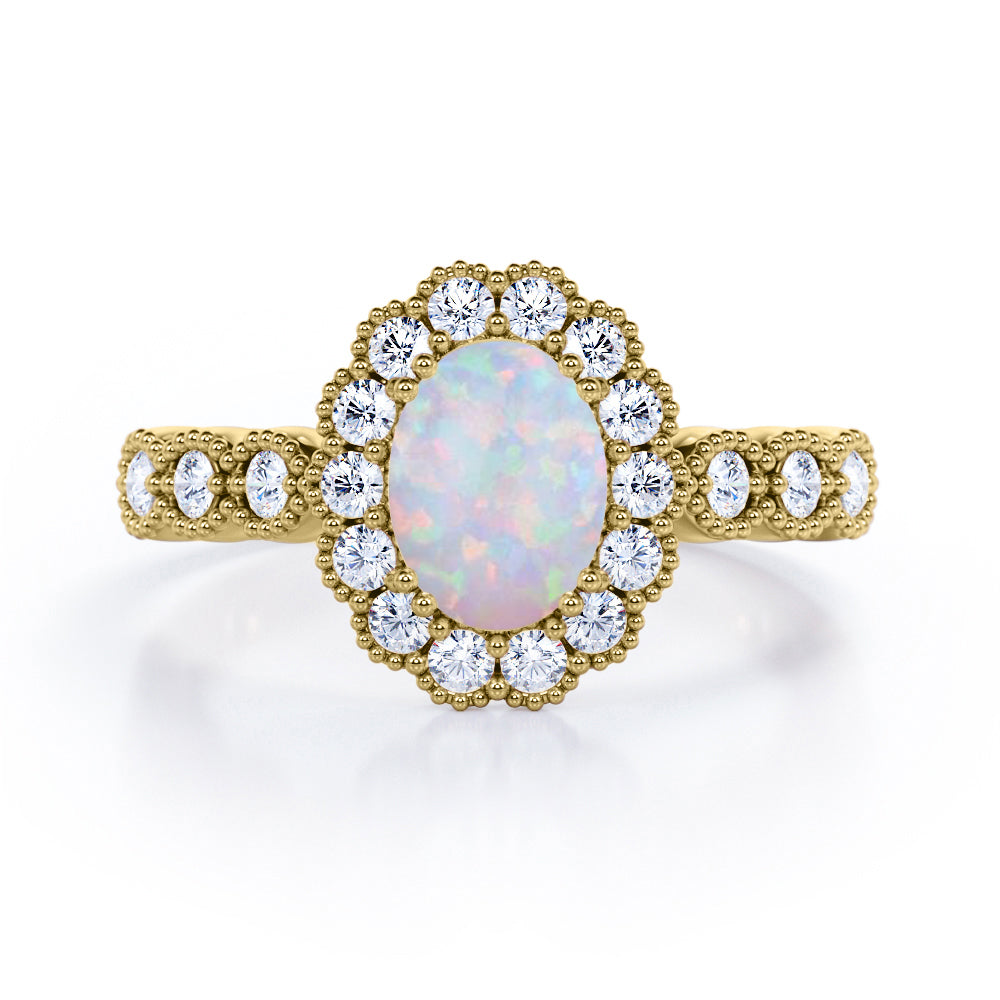 Vintage Floral Halo 0.7 carat Oval and Round Opal and diamond Engagement Ring in Rose Gold