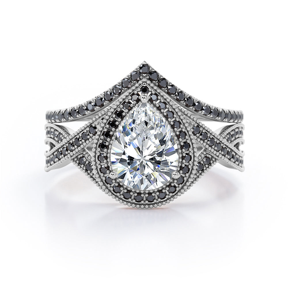 Milgrain Halo-Style 1.75 TCW Pear Cut Moissanite with Lab Created Black Diamond Pave Channel Wedding Ring Set in Black Gold